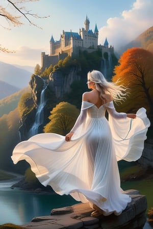 A serene, ethereal figure in a flowing white   flying dress, her long, silver hair cascading down her back like a waterfall. She gazes out over a misty mountainside, her paintbrush poised in one delicate hand, capturing the delicate dance of sunlight filtering through the ancient trees. In the background, a majestic castle perched on a cliff overlooks a tranquil lake reflecting the colors of the setting sun.

{ off SHOULDER  }