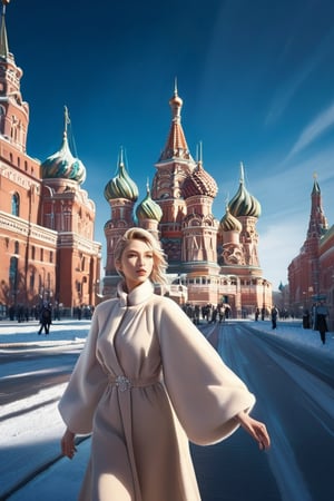 A confident blonde woman with piercing blue eyes and a chic ponytail confidently walks through the vibrant streets of Moscow, close up ,radiating sophistication and independence. Dressed in elegant attire, she captivates onlookers with her alluring presence. This cinematic GoPro photograph freezes her in motion, her graceful stride harmonizing with the backdrop of iconic landmarks and bustling city life. Amidst the urban chaos, she exudes poise and confidence, embodying modern elegance against the historic charm of Moscow's cityscape. 