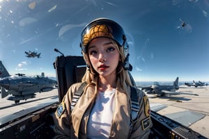 (raw, best quality, masterpiece, 8K), solo, gloves, 1 girl, 22 years old, blonde, fine hair, sky, military, helmet, reality, airplane, battle ship, aircraft, pilot suit, jet, cockpit, pilot , full body view, Wearing sexy astrosuit