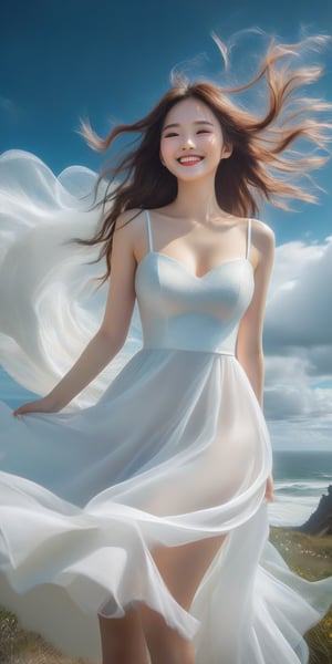 A girl , large breast, (smile:1.4), on the moors overlooking an extreme  ROGUE waves. { Clear BLUE SKY with white clouds }, Her WHITE TULLE dress is flowing in a whirlwind. Long hair, { WHITE } boots, dynamic movement, blend of surrealism and realism. sharp focus, { COWBOY  shot}, wide angle, (masterpiece, top quality, best quality, official art, beautiful and aesthetic:1.2), (1girl:1.4), simple background, 16k, high resolution, bokeh,  ,minimalist hologram,style,korean girl,taiwan