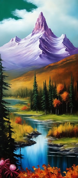Craft an evocative portrayal of a majestic mountain vista employing the alcohol painting technique in fine art oil painting. { FALL, clear blue sky with white cloud,misty green trees, purple ,pink, red, , white  small daisy flowers around  VALLEY LAKE,  }  The composition should immerse viewers in a close-up encounter with the { cascade mountain  ranges  } , suffused with surreal elements and devoid of any framing. Title the piece "To be, or not to be: that is the question." Embrace the visionary spirit reminiscent of Remedios Varo, infusing the landscape with imaginative and dreamlike qualities.