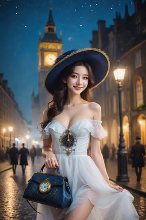 In a cobblestone alley of 18th century London at night, { starry dark blue sky }, heavy fog, lit by street lamps, a girl, { big breast, off shoulder, with a cute handbag , } walks down the street in { WHITE  } silky evening dress blown by the wind, looking at viewer, a { } hat, gothic tower with clock, mysterious atmosphere, ( FRONT SHOT, masterpiece, top quality, best quality, official art, beautiful and aesthetic:1.2), (1girl:1.5),(smile:1.2), teeth, full_body_portrait, high heels, extreme detailed, highest detailed, simple background, 16k, high resolution, perfect dynamic composition, bokeh, (sharp focus:1.2), super wide angle, high angle, high color contrast,  , depth of field, blurry background,potma style,by Gustav Klimt and Mucha and Caravaggio, { very dark starry sky, hat },