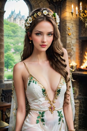 Sensual Medieval Wallachian Princess, Long Light brown hair, light pink lips, green eyes, Wearing  a FLOWER headdress adorned with gold accents and pearls. LOW-CUT, FLOWER PATTERN. Gold embroidery and gemstones create a sense of luxury. The fabric drapes elegantly, suggesting a flowing robe or gown. The overall color palette—rich golds and glowing whites.  Flower Applique Beautiful Evening Dress .,Standing , next to a fire place, Gothick Atmosphere, (dynamic pose, random pose, modeling:1.4)., (((Midnight Rainy Transylvanian Castle interior background))), sensual, beautiful, mesmerizing, concept art, highly detailed, inspired by Video game concept art, trending, Extremely Realistic, 8K Kodak Golden shot,
{ (smile:1.3)  } , perfect long legs, wearing strappy high heels. 
 

 ,Asia, ,more detail XL,LinkGirl,Long Legs and Hot Body