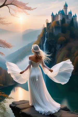 A serene, ethereal figure in a flowing white   flying dress, her long, silver hair cascading down her back like a waterfall. She gazes out over a misty mountainside, her paintbrush poised in one delicate hand, capturing the delicate dance of sunlight filtering through the ancient trees. In the background, a majestic castle perched on a cliff overlooks a tranquil lake reflecting the colors of the setting sun.

{ off SHOULDER  }