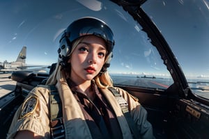 (raw, best quality, masterpiece, 8K), solo, gloves, 1 girl, 22 years old, blonde, fine hair, sky, military, helmet, reality, airplane, military vehicle, aircraft, pilot suit, jet, cockpit, pilot , full body view, Wearing sexy astrosuit