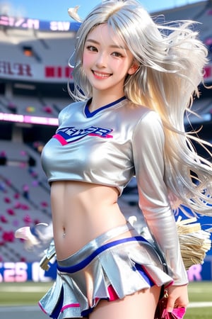 masterpiece,ultra detailed,4k portrait,super fine photo,photo realistic,natural beauty,BREAK,1girl,detailed beautiful face
and eyes,(cute:1.1),beauty face,perfect skin,look at viewer,(blush:1.2),BREAK ,(smile:1.6),(Cheerleader:1.3),(dancing position:1.6),( SILVER BLONDE hair blowing in the wind:1.6), stadium football game