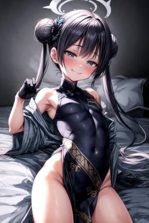 small breast, (((petite))), add_detail:0.9, blush, smirk, smug, grin, ((seductive smile)), looking at viewer, hands to own mouth, rolling eyes, half-closed eyes, white background, 1girl, long black hair, hair bun, hair ornament, twintails, halo, china dress, sleeveless, gloves, pelvic curtain, from below, armpit, kisaki(blue archive)