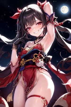 1girl, red eyes, half-closed eyes, (petite), (seductive smile), smirk, smug, grin, pelvic curtain, bare shoulders, armpit, kimono, japanese clothes, black glove, (thigh strap), thigh, shsparkle, night sky, 