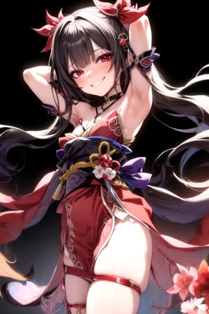 1girl, red eyes, half-closed eyes, (petite), (seductive smile), smirk, smug, grin, pelvic curtain, bare shoulders, armpit, kimono, japanese clothes, black glove, (thigh strap), thigh, shsparkle, white background 