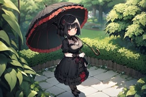 1girl,solo,blunt_bangs,short_hair,large_breasts,black_hair,red_eyes,gothic_lolita,black_lolita,having_a_parasol,black_lace_parasol,standing,botanical_garden,full_body,from_above,