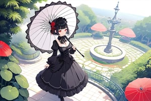 1girl,solo,blunt_bangs,short_hair,large_breasts,black_hair,red_eyes,gothic_lolita,black_lolita,having_a_parasol,black_lace_parasol,standing,botanical_garden,full_body,from_above,