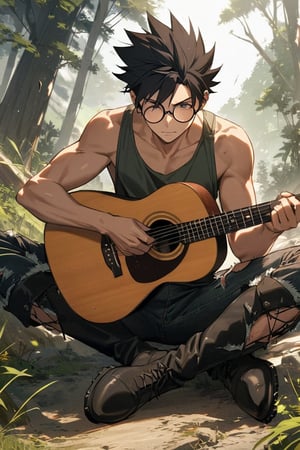 1 male,short black hair,spiked hair,round glasses,dark-green tank top,damaged denim pants, having a Brown acoustic guita,wilderness,black leather boots