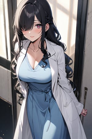 1woman,solo,25yo,black hair,long hair,wavy hair,shiny hair,hair over one eye,side braid,scarlet eyes,huge breasts,tall stature, voluptuous,wide hip, A pale blue linen and cotton blend dress with an A-line silhouette and a slightly cinched waist. The skirt part is fluffy.best, The sleeves are 3/4 sleeves and have a light and fluffy design. The neckline is V-neck. A ribbon is attached to the waist. Strappy sandals, pearl earrings and bracelet. Her hair is loosely braided,(lab coat:1.4)