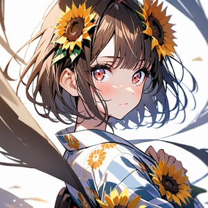 1girl,solo,lainOC,A cotton yukata with a sunflower pattern on a white background. A sunflower hair ornament on one side of the hair. The color of the obi is dark brown. Lacquered sandals