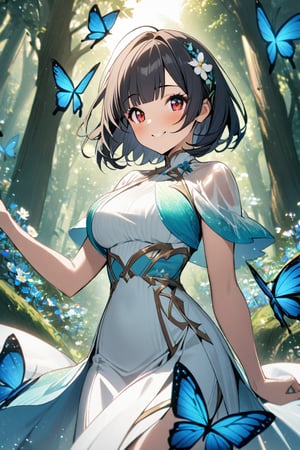 1girl,lainOC,smile,fantasy forest, A white tailored fit dress that looks like a goddess living in a forest spring, flower effect,blue butterfly effect,