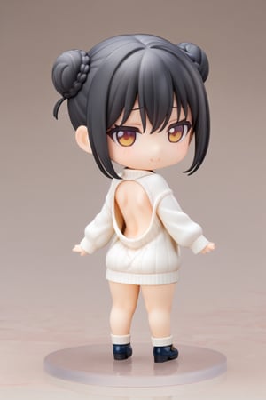 1girl,solo,short_stature,black_hair,double_buns,lightcoral_eyes,half-closed_eyes,flat_chest,giggling,looking_back, dress sweater,open_back_sweater,simple background,full body,front view,chibi,
,pvc, offsho,