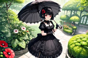 1girl,solo,blunt_bangs,short_hair,large_breasts,black_hair,red_eyes,gothic_lolita,black_lolita,having_a_parasol,black_lace_parasol,standing,botanical_garden,full_body,from_above,