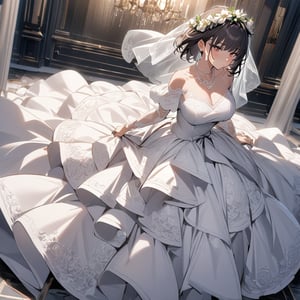 1girl,solo,lainOC,A wedding dress with a top covered in delicate lace and long see-through sleeves that run from the shoulders to the arms, The chest has a slight V-neck, which enhances your femininity while maintaining elegance,The skirt part has a fluffy A-line and is made of multiple layers of tulle material,best,best,The hem has the same lace detail, giving it a unified look, The back is slightly open and fastens with a ribbon,The veil is long and trimmed with the same lace as the dress, Pair it with a pearl necklace and earrings, wear your hair half-up in loose waves, and add a flower crown,full body,side view,