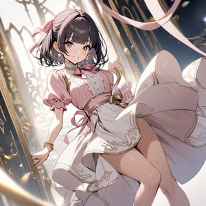 1girl,solo,lainOC,smile, The top is a pale pink blouse with puff sleeves. The bottoms are a white flared skirt with a ribbon attached to the waist. white sandals. Pearl earrings and gold bracelet. Her hair is half-up and a pink ribbon is attached.