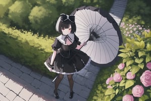 1girl,solo,blunt_bangs,short_hair,large_breasts,black_hair,red_eyes,gothic_lolita,black_lolita,having_a_parasol,black_lace_parasol,standing,botanical_garden,full_body,from_above,