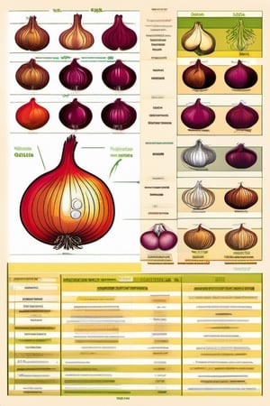 "onion", fully detailed botanic identity card of onion, taken from old science book, write "onion" title, pictures of different cross sections, chemical and biological classifications, detailed plant information with different species of onion, anatomy, graphs, on single poster, bright colors, fresh, verified information, high contrast, high resolution

