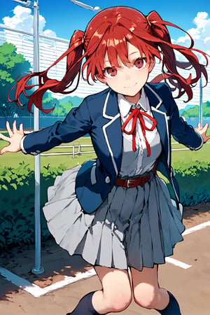 score_9, score_8_up, score_7_up, 1girl, solo,kinakosu, red eyes, red hair, long hair, pigtails, smile, closed mouth, looking at viewer,yuigaoka school uniform, grey dress, pianofore dress, white shirt, collared shirt, neck ribbon, red ribbon, grey belt, blue blazer, hands in knees, school in the background, outdoors, backyard, arms outstretched, jumping
