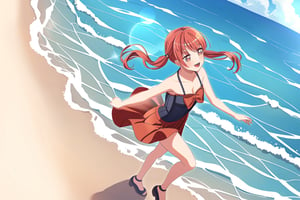 Redhead girl with pigtails walking on the beach on a sunny day having fun looking at the waves, yukina minato