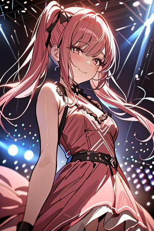 ((masterpiece,best quality)),1girl,solo, red eyes, smile, stage,stage lights, redhead, pigtails, full pink dress, redhead