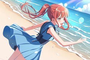 Redhead girl with pigtails walking on the beach on a sunny day having fun looking at the waves, yukina minato