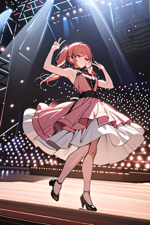 ((masterpiece,best quality)),1girl,solo, scenery, dancing, victory pose, red eyes, smile, stage,stage lights, redhead, pigtails, full pink dress