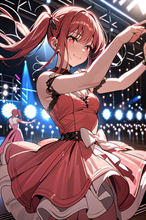 ((masterpiece,best quality)),1girl,solo, dancing, red eyes, smile, stage,stage lights, redhead, pigtails, full pink dress, redhead