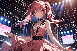 ((masterpiece,best quality)),1girl,solo, red eyes, smile, stage,stage lights, redhead, pigtails, full pink dress, redhead