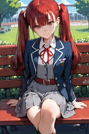 score_9, score_8_up, score_7_up, 1girl, solo,kinakosu, red eyes, red hair, long hair, pigtails, smile, closed mouth, looking at viewer,yuigaoka school uniform, grey dress, pianofore dress, white shirt, collared shirt, neck ribbon, red ribbon, grey belt, blue blazer, crossed legs, sitting on bench, hands in knees, school in the background, outdoors, backyard
