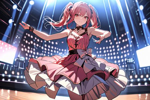 ((masterpiece,best quality)),1girl,solo, dancing, red eyes, smile, stage,stage lights, redhead, pigtails, full pink dress, redhead