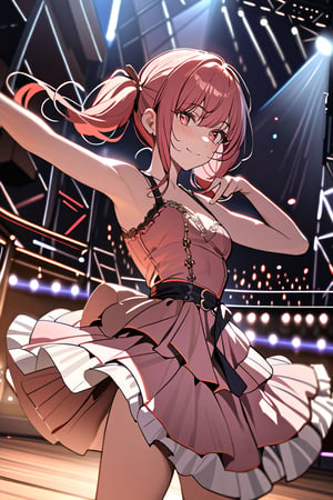 ((masterpiece,best quality)),1girl,solo, dancing, red eyes, smile, stage,stage lights, redhead, pigtails, full pink dress, redhead