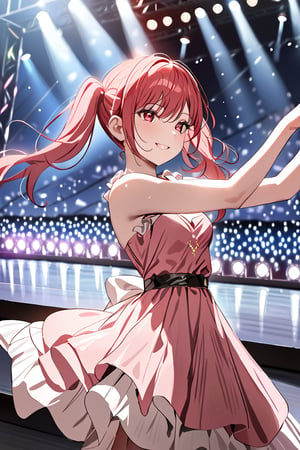 ((masterpiece,best quality)),1girl,solo, scenery, dancing, greet, red eyes, smile, stage,stage lights, redhead, pigtails, full pink dress, redhead