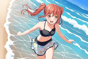 Redhead girl with pigtails walking on the beach on a sunny day having fun looking at the waves, yukina minato