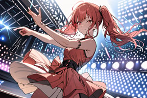 ((masterpiece,best quality)),1girl,solo, dancing, red eyes, smile, stage,stage lights, redhead, pigtails, full pink dress, redhead