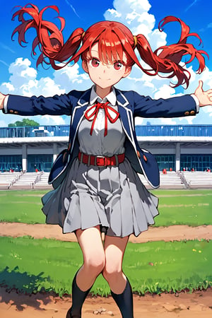 score_9, score_8_up, score_7_up, 1girl, solo,kinakosu, red eyes, red hair, long hair, pigtails, smile, closed mouth, looking at viewer,yuigaoka school uniform, grey dress, pianofore dress, white shirt, collared shirt, neck ribbon, red ribbon, grey belt, blue blazer, hands in knees, school in the background, outdoors, backyard, arms outstretched, jumping
