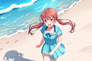 Redhead girl with pigtails walking on the beach on a sunny day having fun looking at the waves, yukina minato