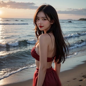 1girl, solo, long hair, looking at viewer, smile, black hair, brown eyes, upper body, black eyes, lips,  v, realistic, red lips, Standing, wearing a summer ultra-short tulle skirt, at the beach, standing in the sea, there are very small waves.