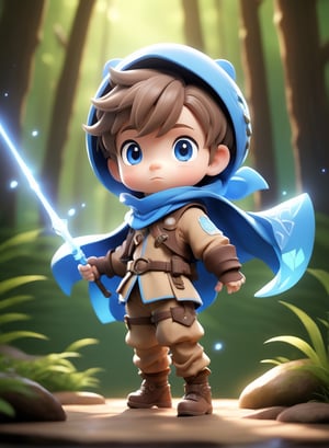 1boy, solo, chibi, full body, looking at the audience, blue eyes, short hair, brown hair, ranger suit, magic bow, forest creek background,