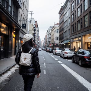 1girl, solo, long hair, black hair, full body, (detailed and vibrant portrait back view), front view without people, standing, girl looks ahead on the road, (wearing white winter down jacket and white woolen hat), (wearing black trousers),  (just back view), walking City street, pedestrians rushing on the street, long shot, 