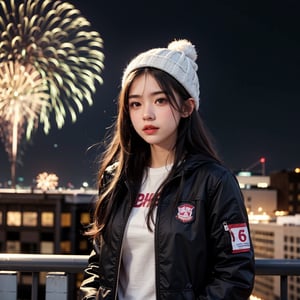 1girl, solo, long hair, black hair, upper body, detailed and vibrant background of a portrait without the front view of a person, Standing, Wearing a pink winter down jacket, wearing white hat,  the girl standing on the balcony and setting off fireworks