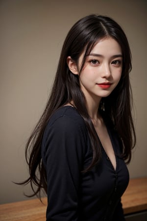 1girl, solo, long hair, looking at viewer, smile, shirt, black hair, brown eyes, upper body, black eyes, lips, sleeves past wrists, v, realistic, red lips
