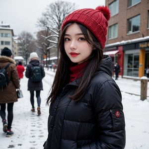 1girl, solo, long hair, looking at viewer, smile, black hair, brown eyes, upper body, black eyes, lips,  v, realistic, red lips, Standing, In winter, wearing a down jacket and a woolen hat, standing in the snow, with passers-by and huskies in the distance
