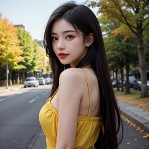 1girl, solo, long hair, looking at viewer, smile, black hair, brown eyes, upper body, black eyes, lips,  v, realistic, red lips, Standing, Wearing an autumn cotton dress, standing on a street with yellow fallen leaves, with passers-by in the distance