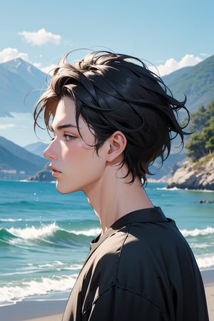 18-year-old boy, named José de la Cruz. José de la Cruz is posing in profile, looking towards a place not visible to the viewer. José de la Cruz is wearing a black sweatshirt. Behind him there is a sea and small mountains. Hyperrealistic. Photorealistic. 