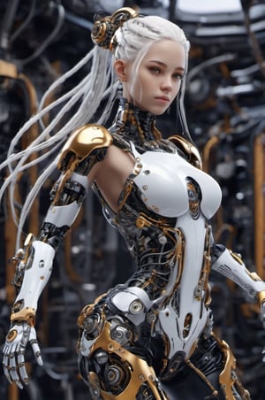 cyborg style, cyborg, 3d style,3d render,cg,beautiful, (1girl, looking at viewer,close up), white hair, long braid, brown eyes, cyborg , mechanical limbs,cute gloves, dancing, dynamic pose, black metalic parts,golden parts, Reflections on metal, 