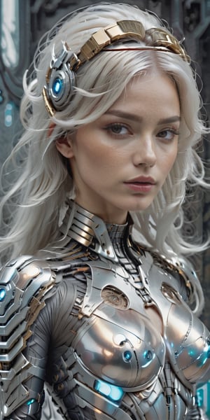Best picture quality, high resolution, 8k, realistic, sharp focus, realistic image of elegant lady, Korean beauty, supermodel, pure white hair, blue eyes, wearing high-tech cyberpunk style blue Batgirl suit, radiant Glow, sparkling suit, mecha, perfectly customized high-tech suit, ice theme, custom design, 1 girl,mecha, boobs out, breast out, 
